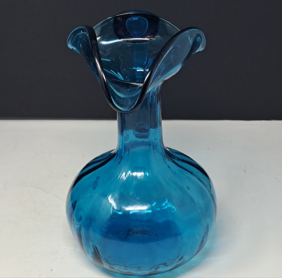 Blue Art Glass Pitcher With Ruffled Edge And Applied Handle - Picture 2 of 6